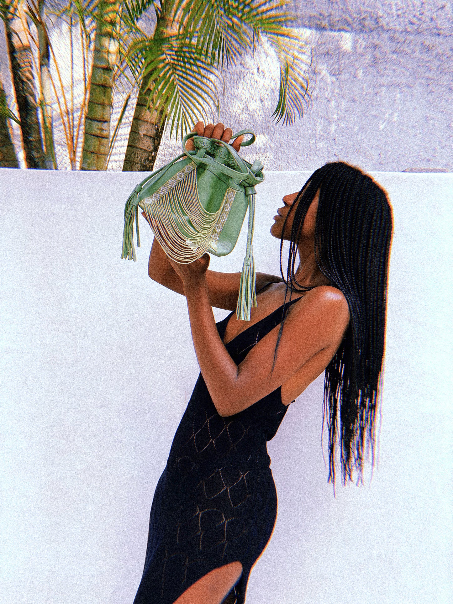 Sage Green Mini Beaded Bucket Bag