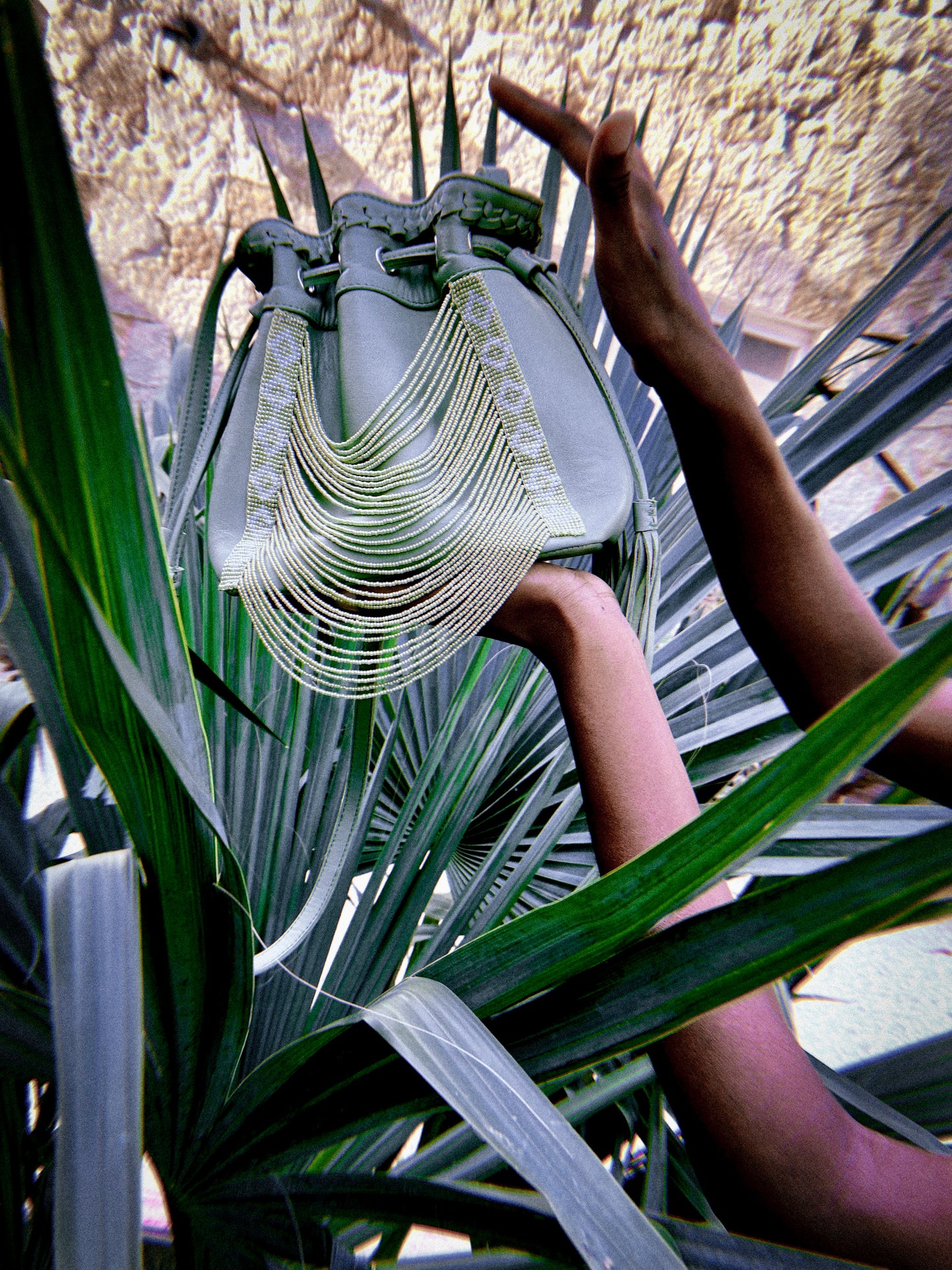 Sage Green Mini Beaded Bucket Bag