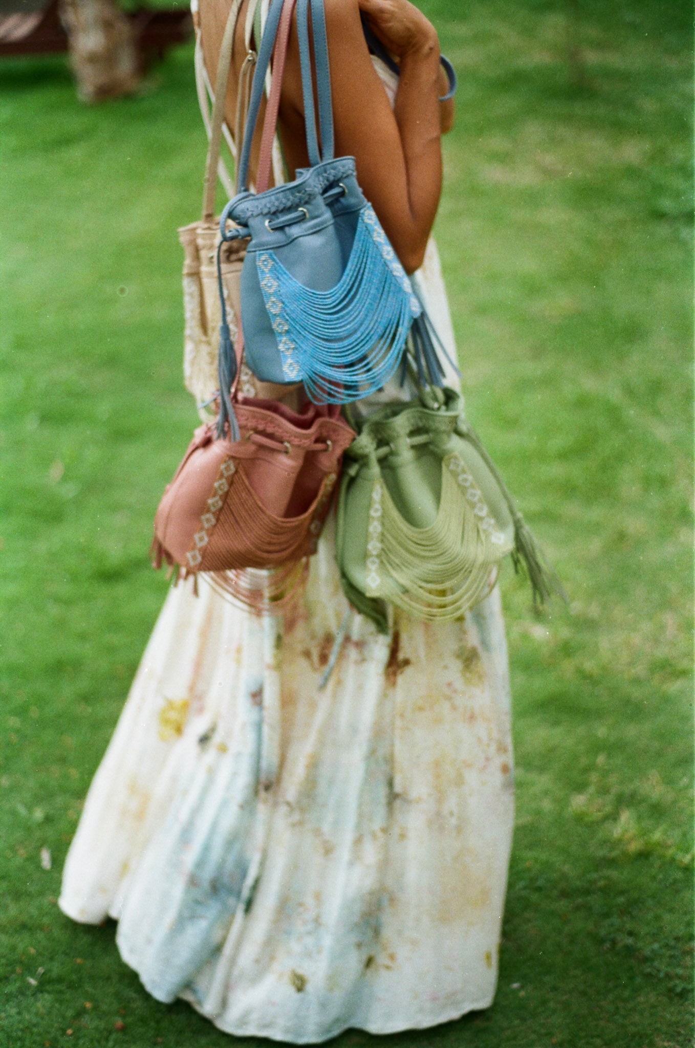 Sage Green Mini Beaded Bucket Bag