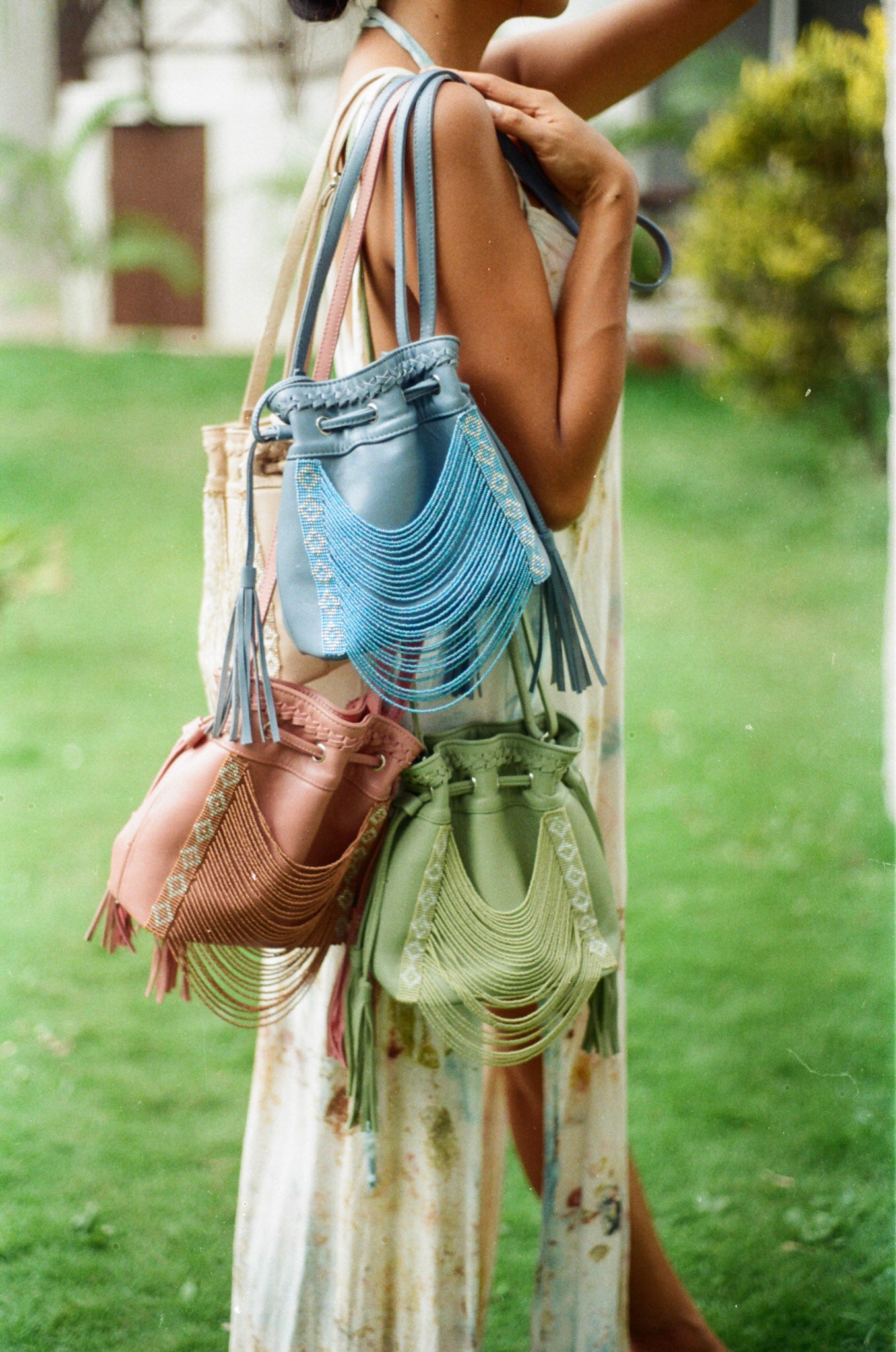 Dusty Rose Pink Beaded Bucket Bag