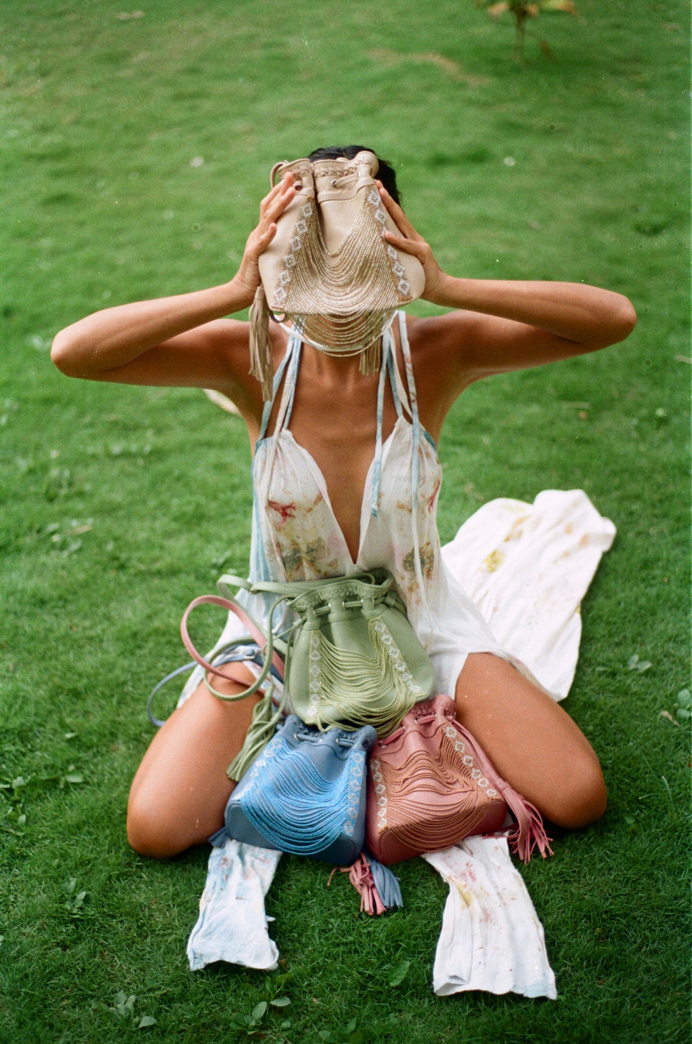 Stone Blue Beaded Bucket Bag