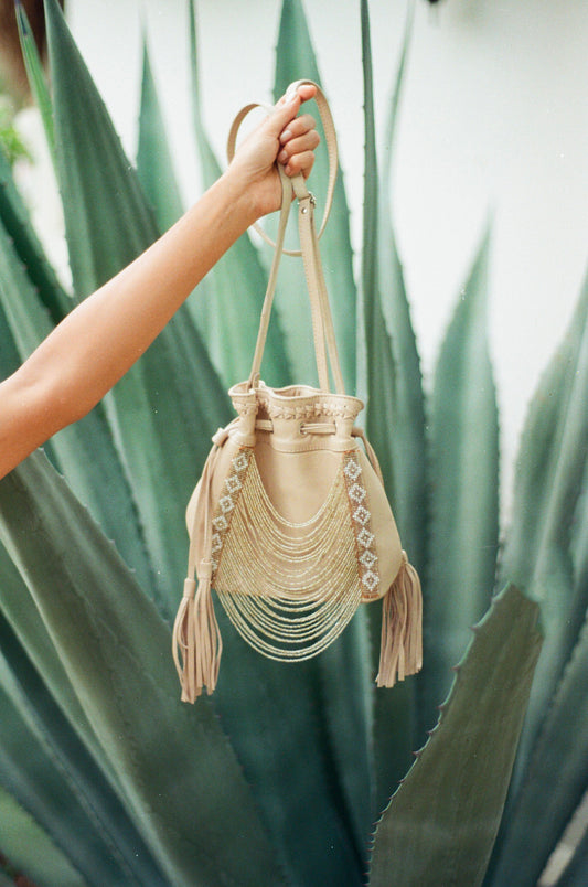 Gold Sand Mini Beaded Bucket Bag