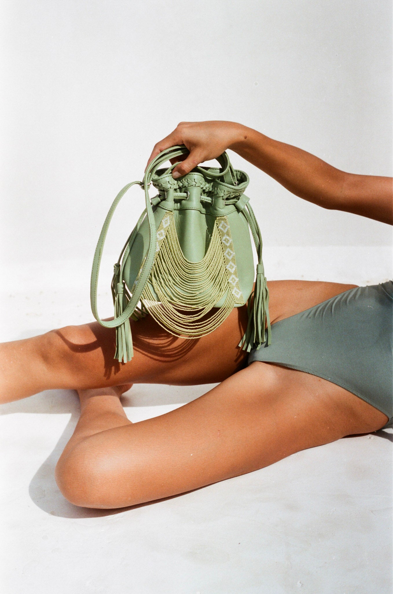 Sage Green Mini Beaded Bucket Bag