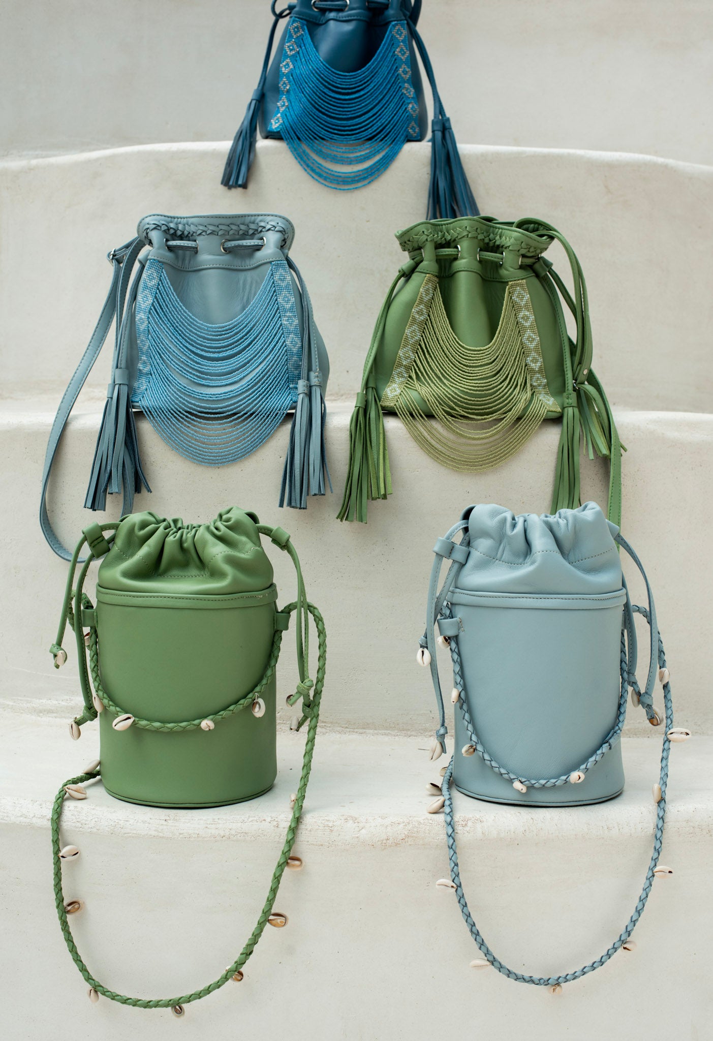 Stone Blue Beaded Bucket Bag