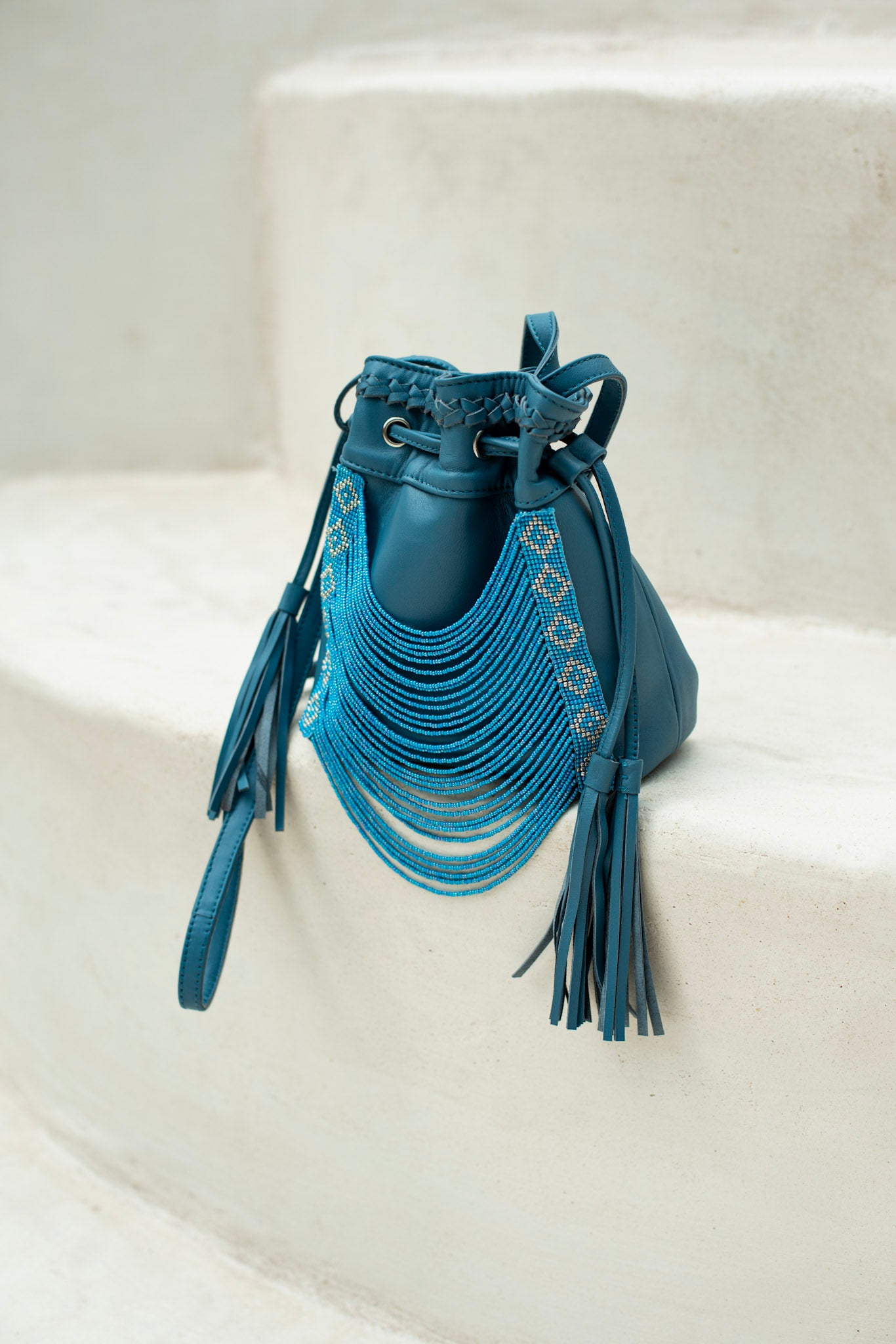 Stone Blue Beaded Bucket Bag