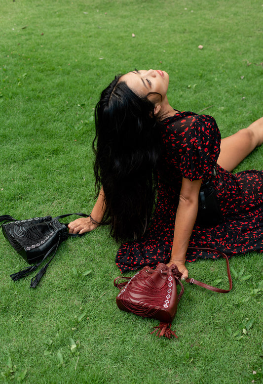 Burgundy Red Beaded Bucket Bag