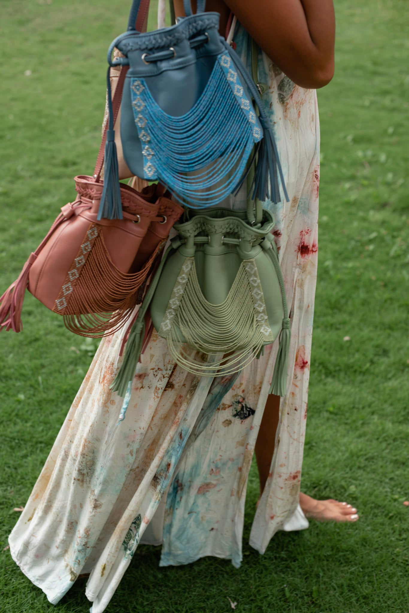 Stone Blue Beaded Bucket Bag