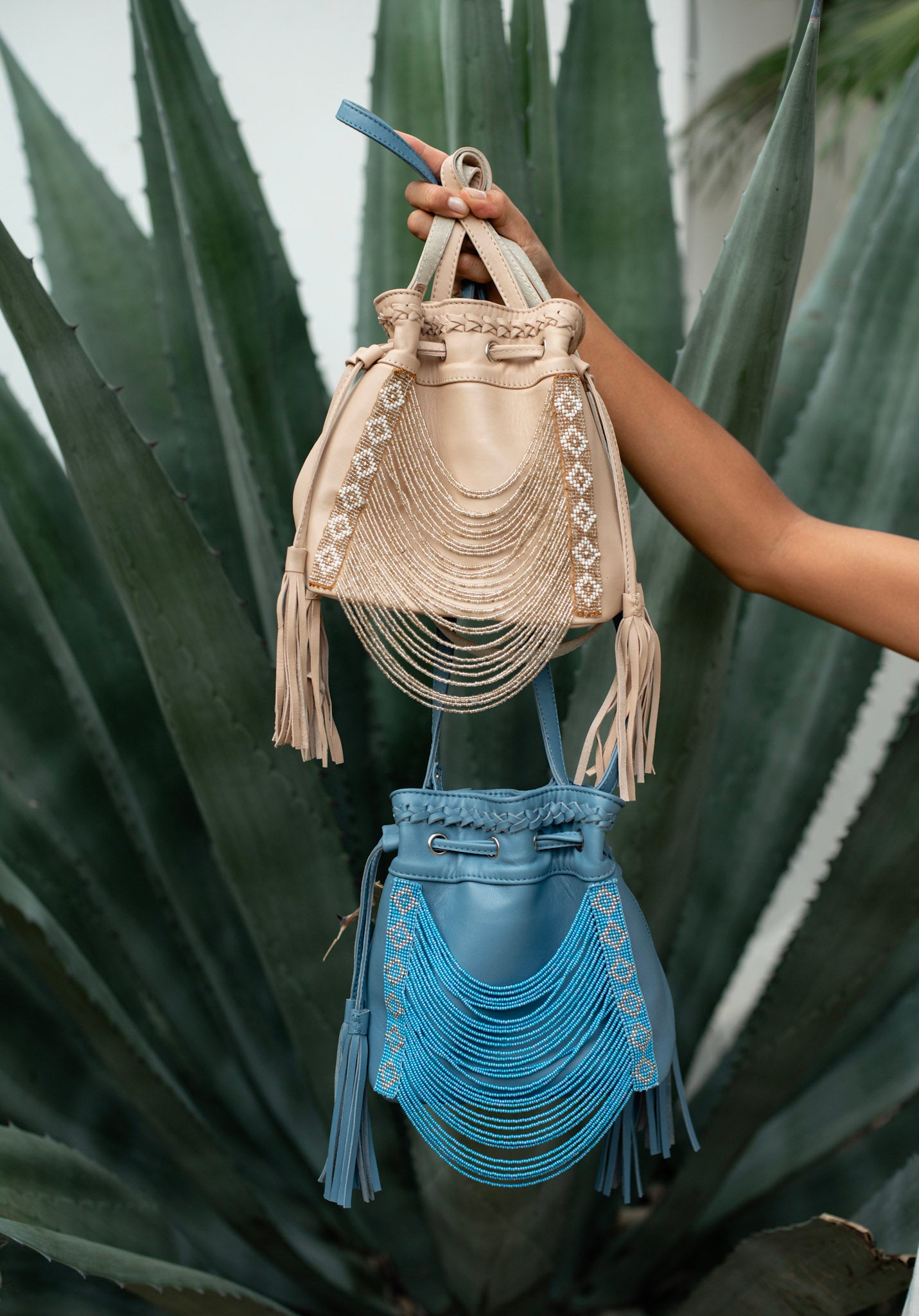 Stone Blue Beaded Bucket Bag