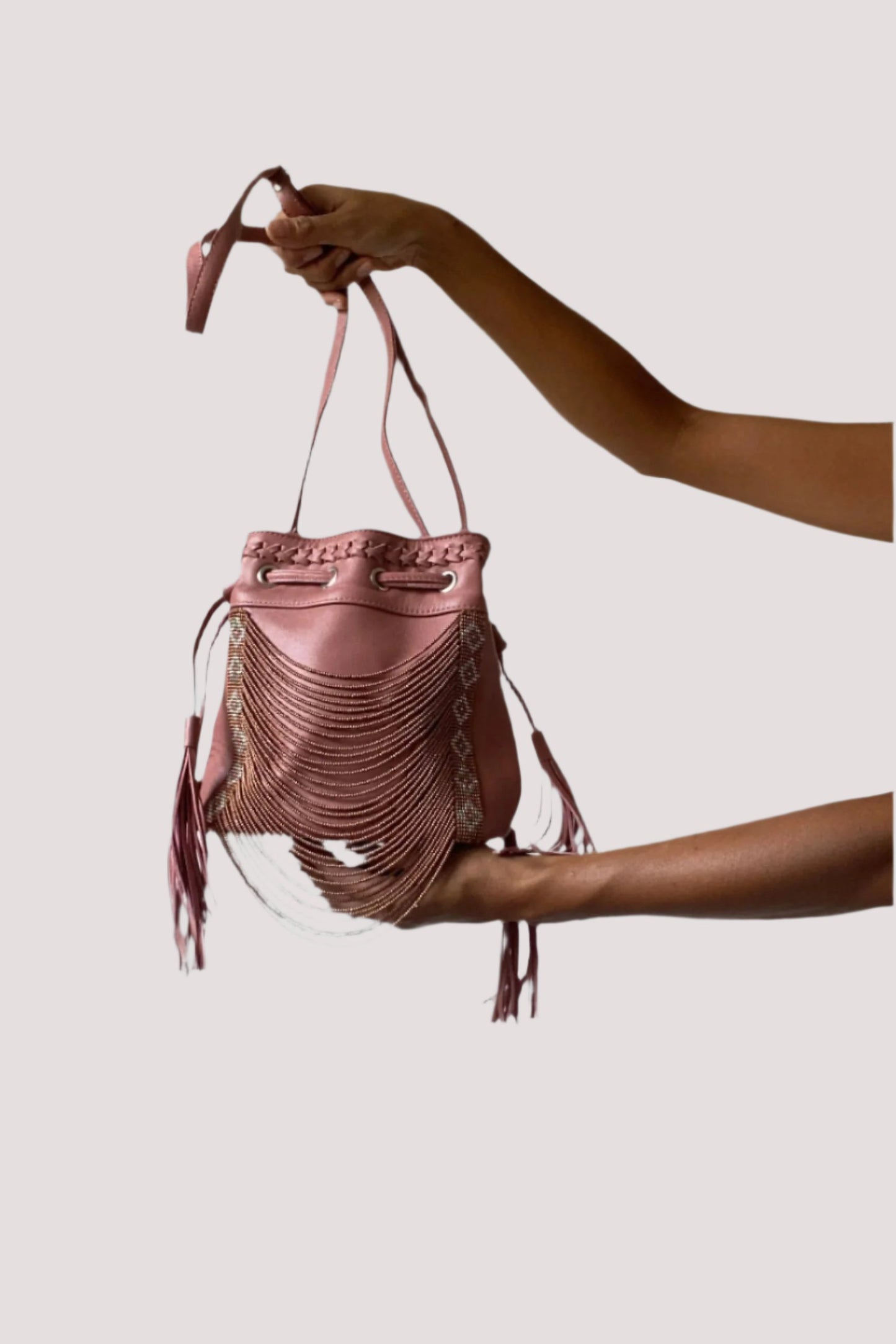 Dusty Rose Pink Beaded Bucket Bag