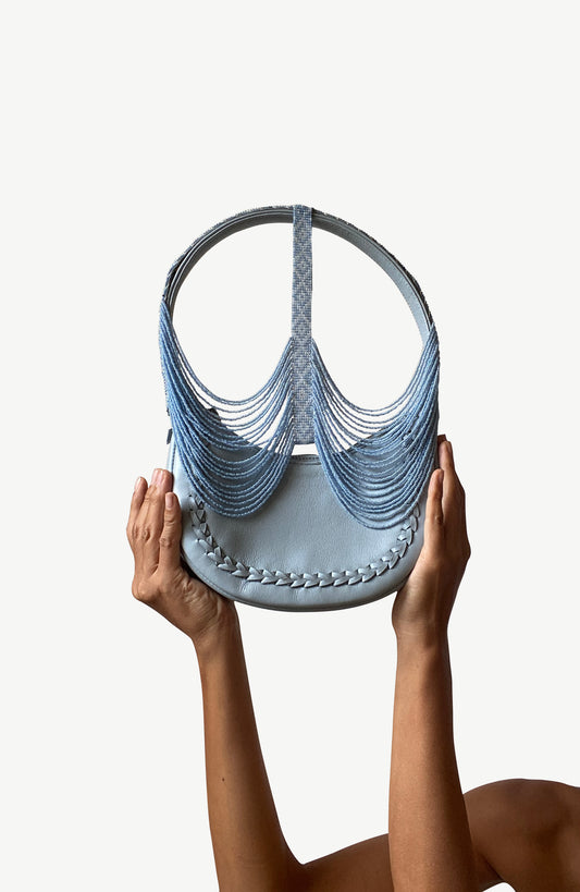 Cloud Blue Beaded Half Moon Purse