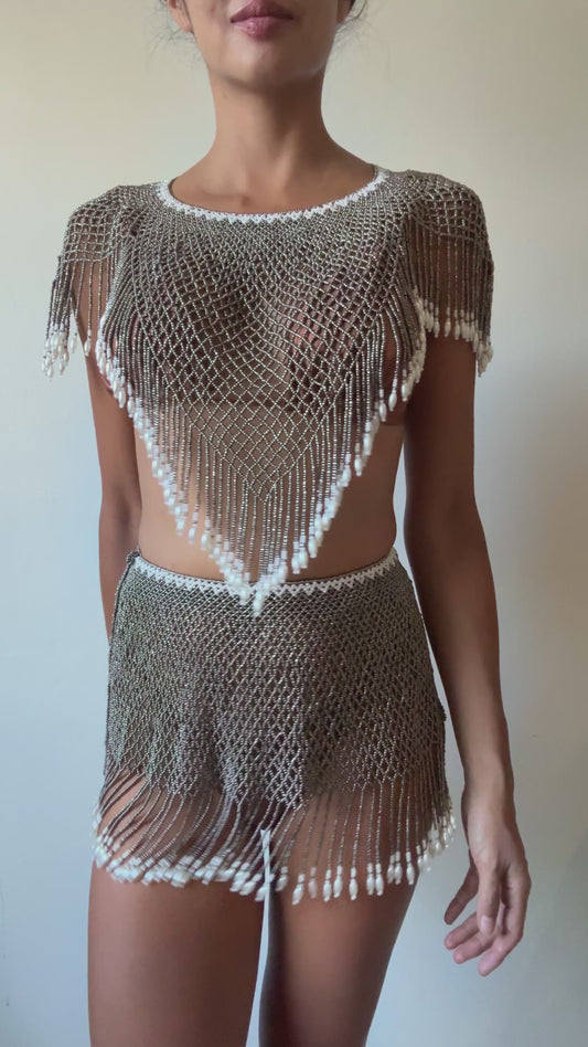 Athena Beaded Skirt Set in Silver
